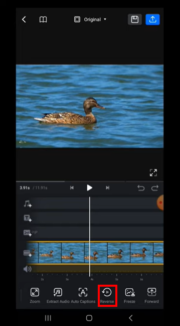 Alt=VN Video Editor screenshot with the Reverse button highlighted in red