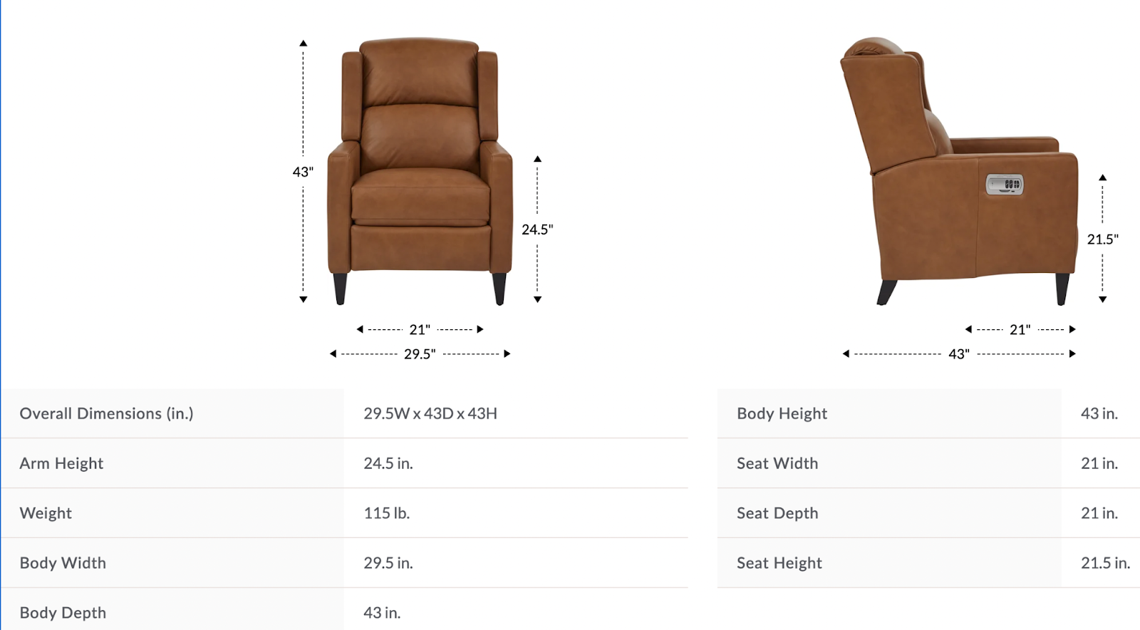 dante high leg power recliner w/ headrest dimensions