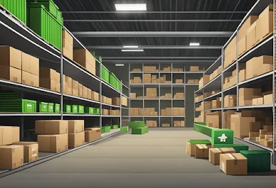 A warehouse filled with various custom products and drop shipping items, including boxes of ammunition, kiwi-themed products, and sex toys