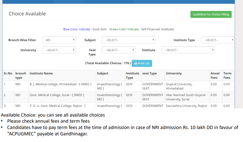 Step 4 of Choice Filling of Gujarat NEET Counseling for MBBS/MS/MD Admissions in Gujarat