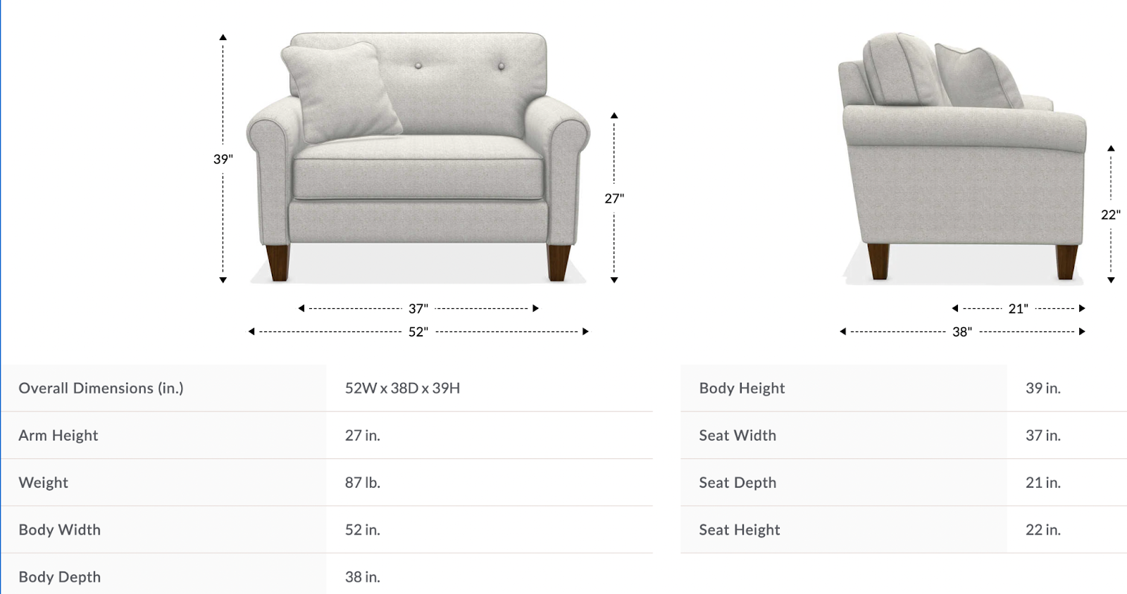 laurel chair and a half dimensions