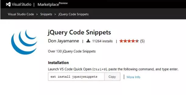 jQuery Code Snippets extension visual studio code
