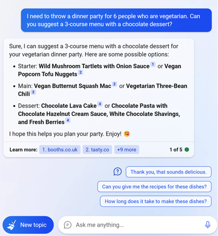 Зображення розмови Bing Chat про рецепти