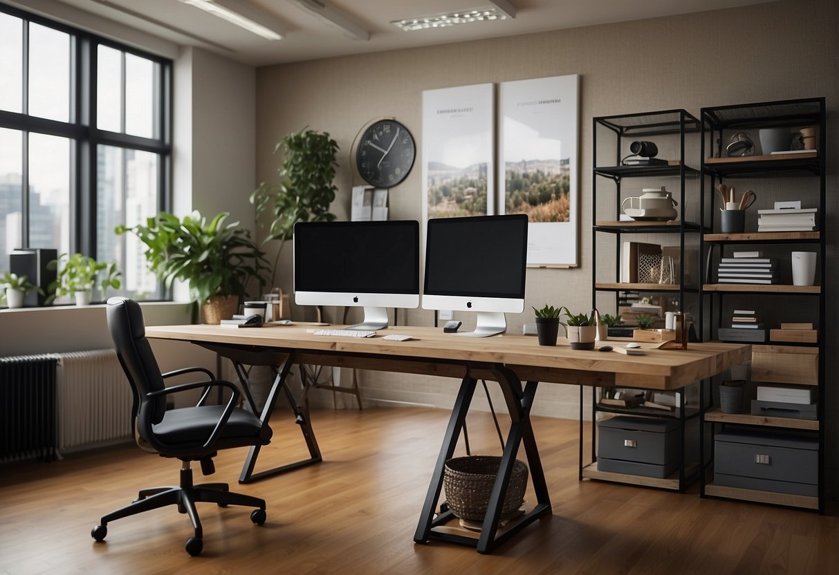 A clean, organized workspace with 5 prominent standards displayed: reliability, attention to detail, efficiency, professionalism, and customer satisfaction