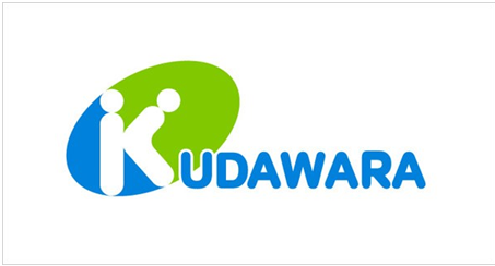 Kudawara logo green and blue logo, with blue letters.