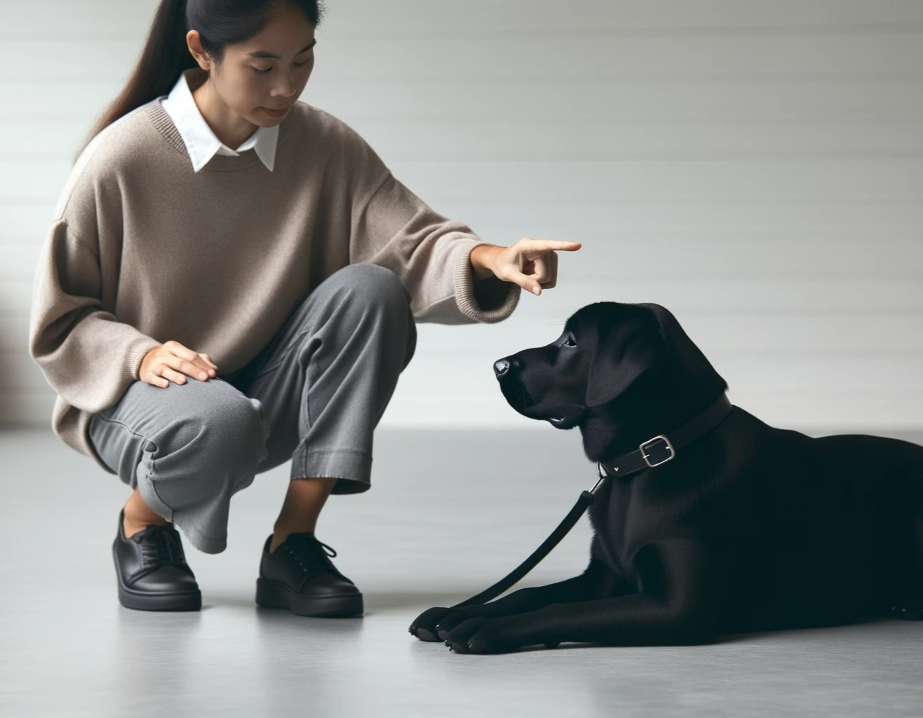 a woman is training a black labrador retriever on how to behave