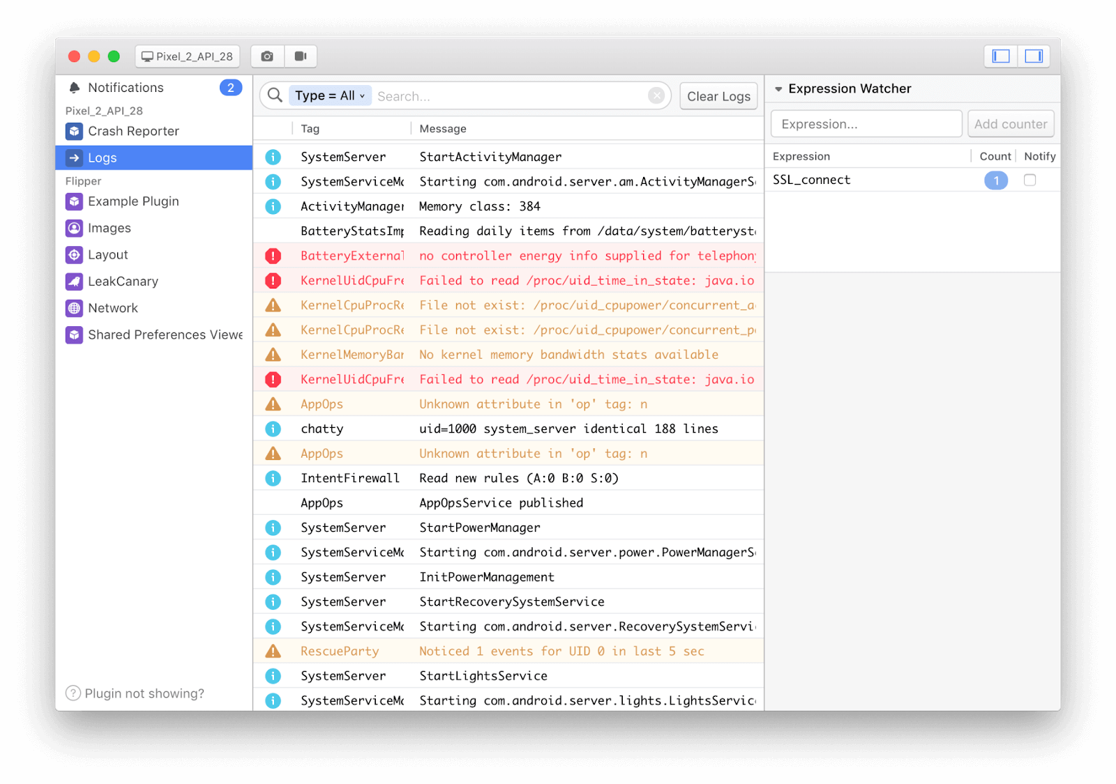 screenshot of Flipper debugging tool for React Native