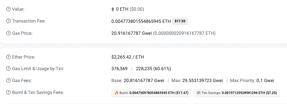 A screenshot of a transaction on Ethereum from Etherscan