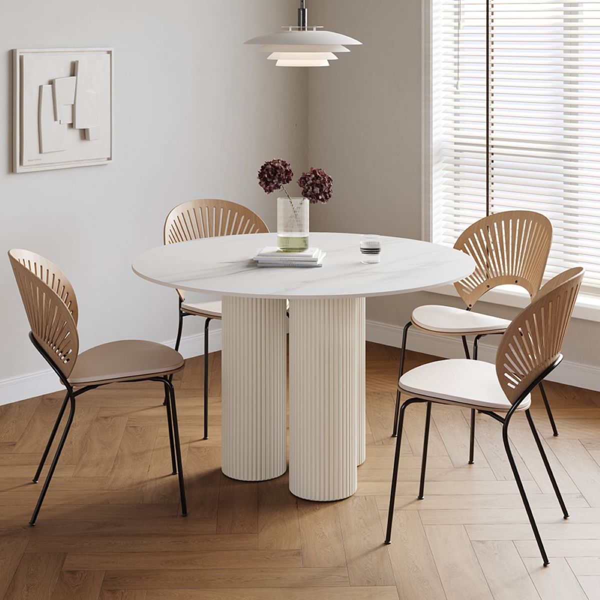 39.4" Modern Round Sintered Stone Top Dining Table 3 Legs in White from Homary