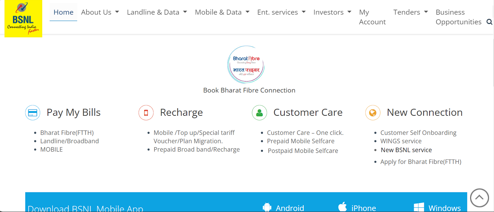 BSNL website snapshot highlighting the services it provides.