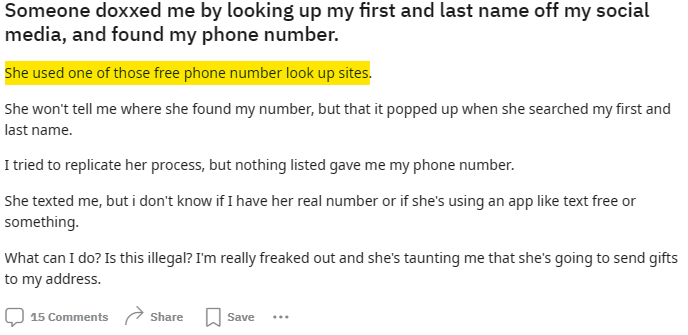 Reddit post about how someone got doxxed through a free phone number look up site