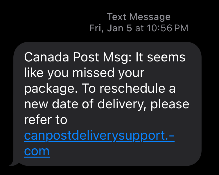 Smishing text claiming to be Canada Post with a link to a spoofed Canada Post page.