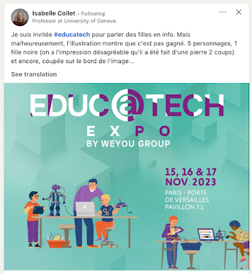 Tweet from Isabelle Collet discussing the lack of diversity in the poster advertising the Educatech event