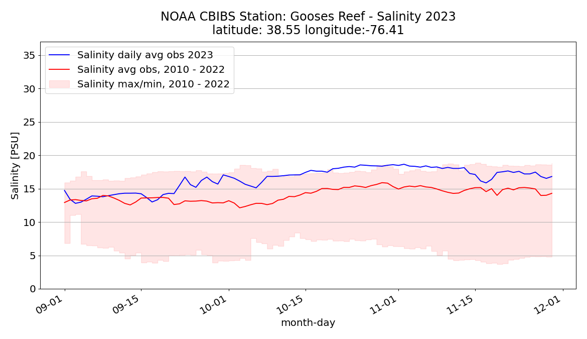Graph showing salinity at the Gooses Reef CBIBS buoy location, fall 2023