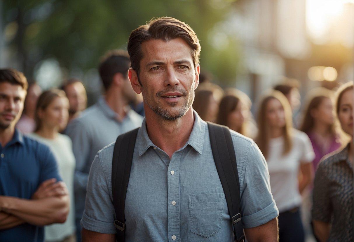 A person standing tall with a straight posture, making eye contact and speaking assertively to a group of people in a public setting