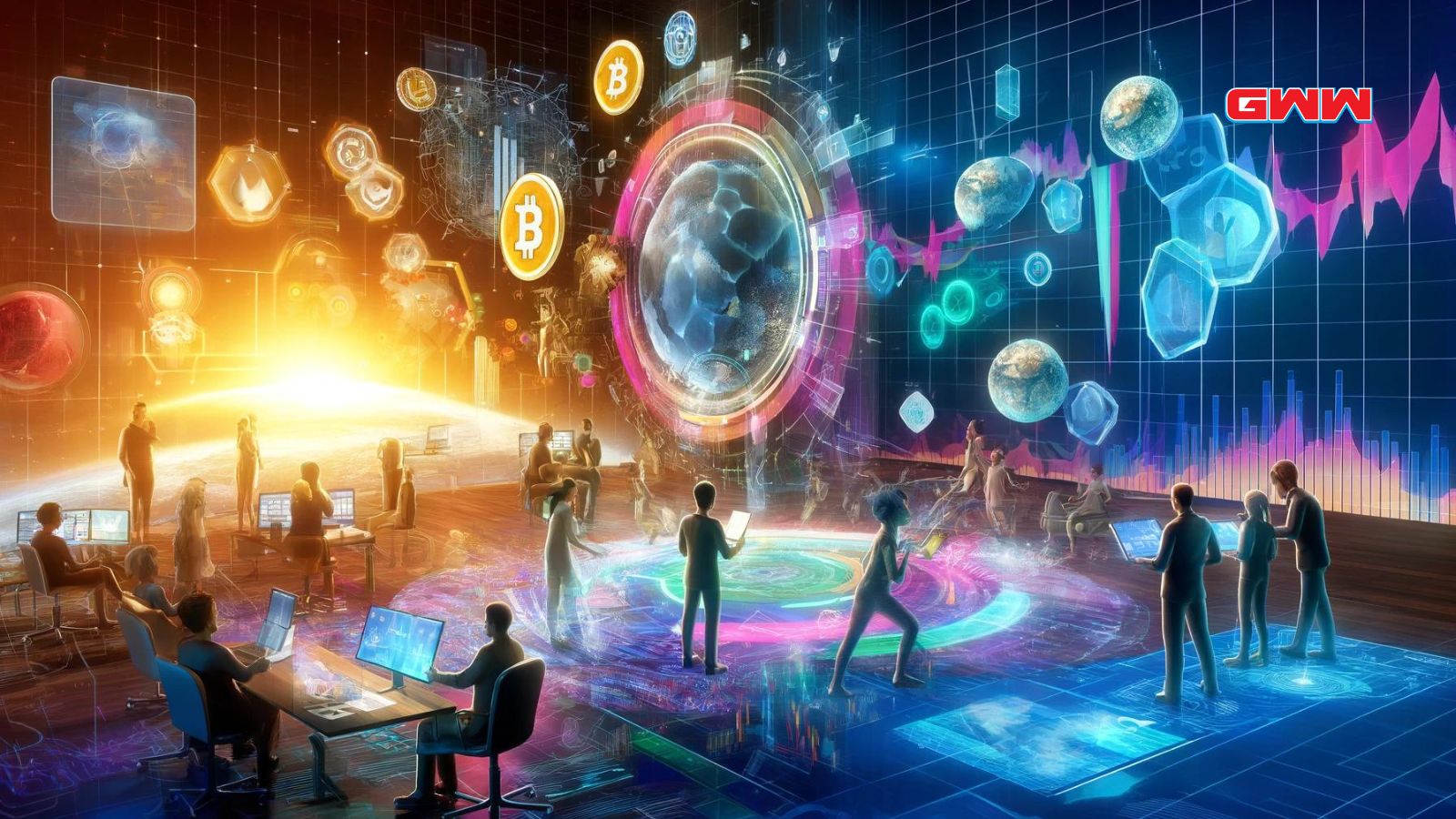 Virtual reality space with digital traders and charts