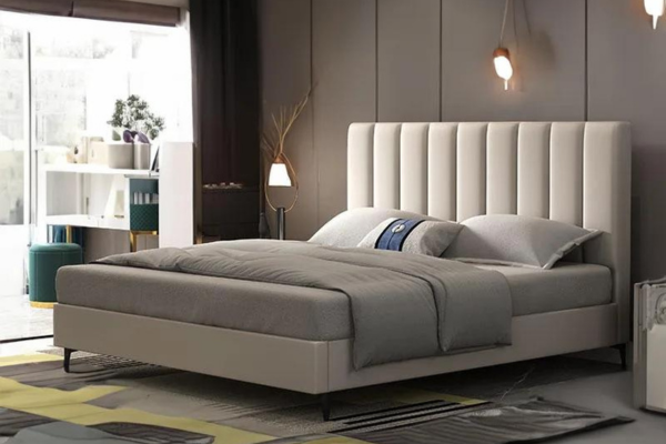 Solid wood super single bedframe upholstered in high-density sponge and leatherette, featuring headboard and steel legs