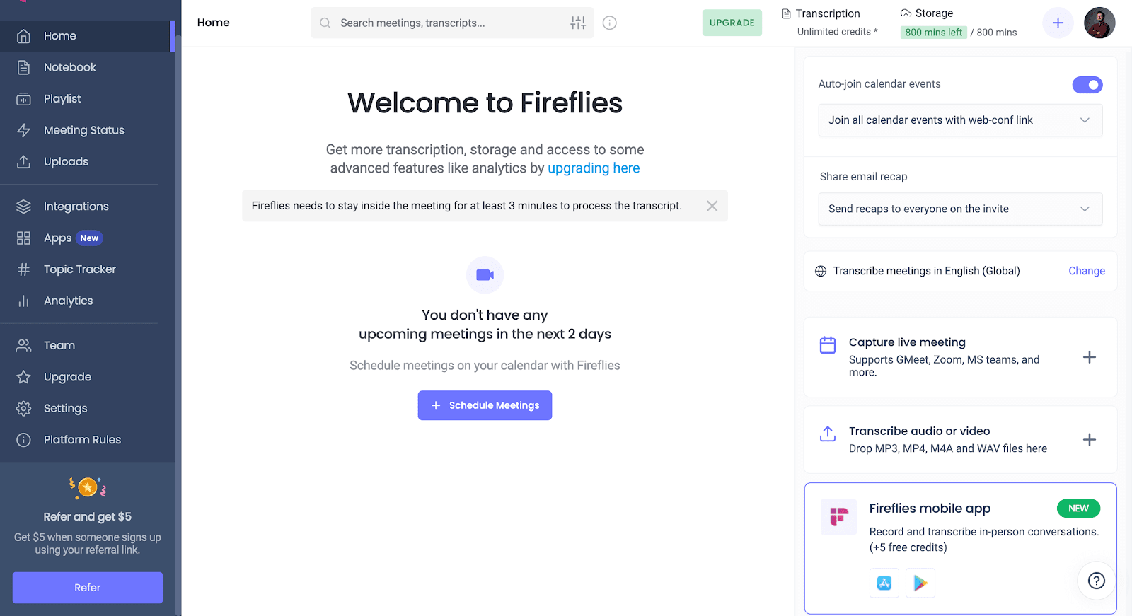 Fireflies AI user interface