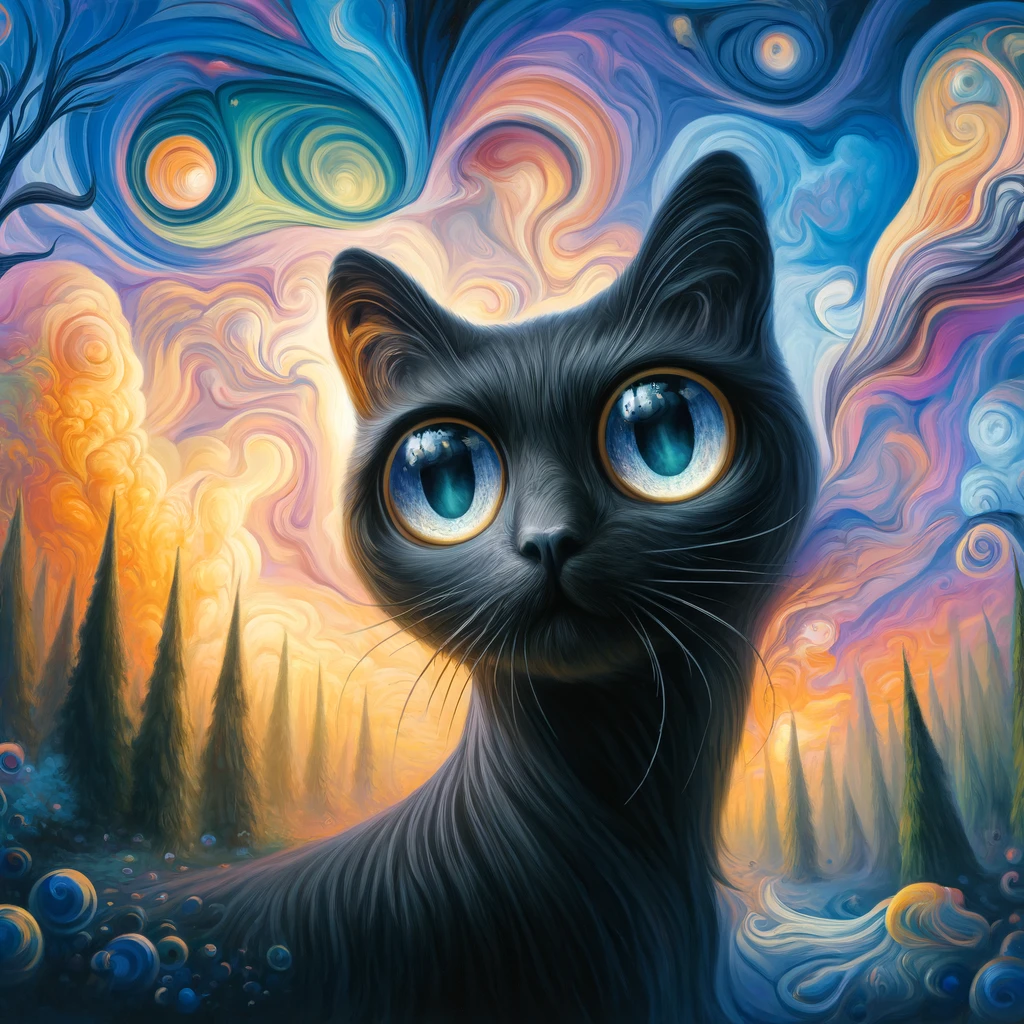 A surrealist photo of a black cat