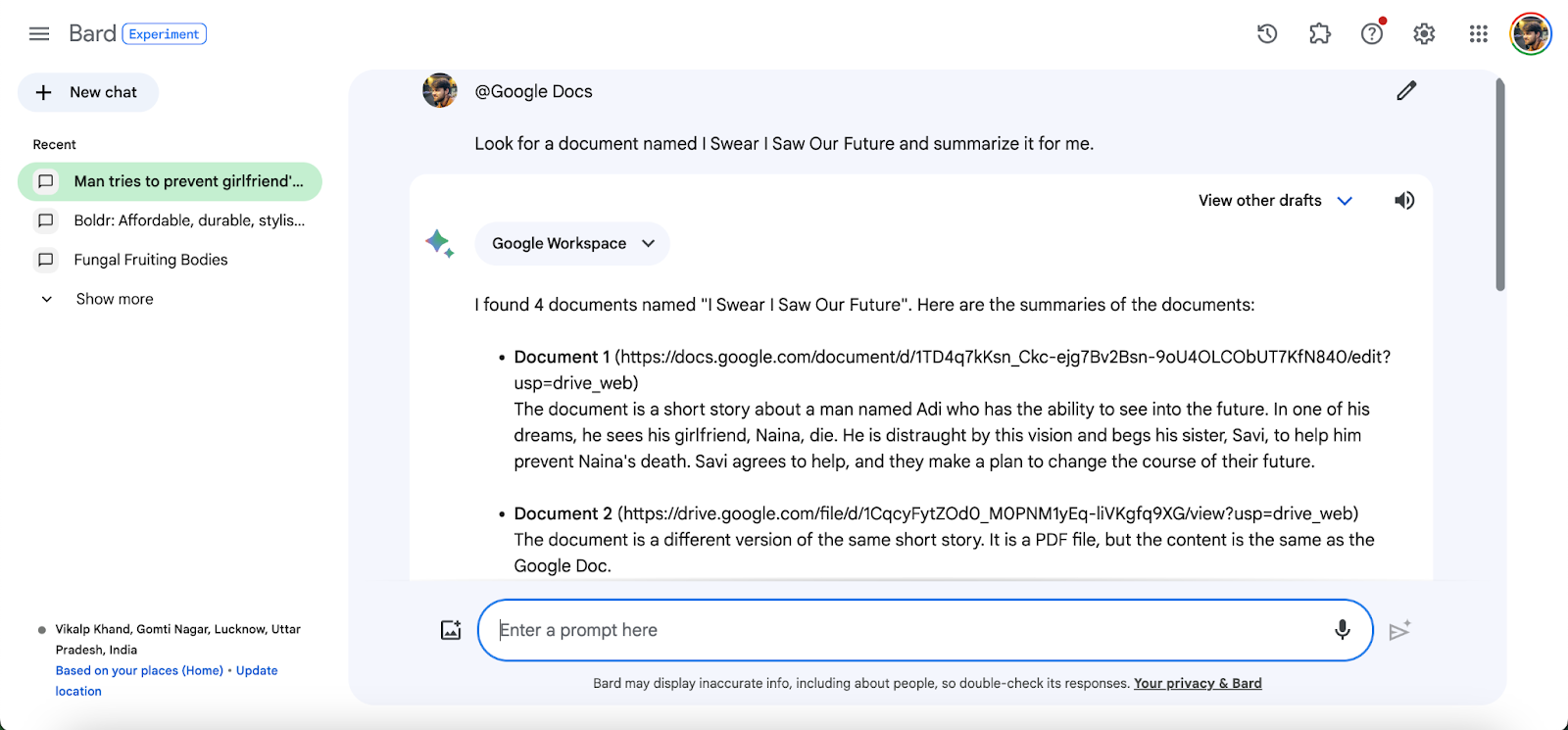Google Docs integrations - Asking Bard to summarize a Google Docs document