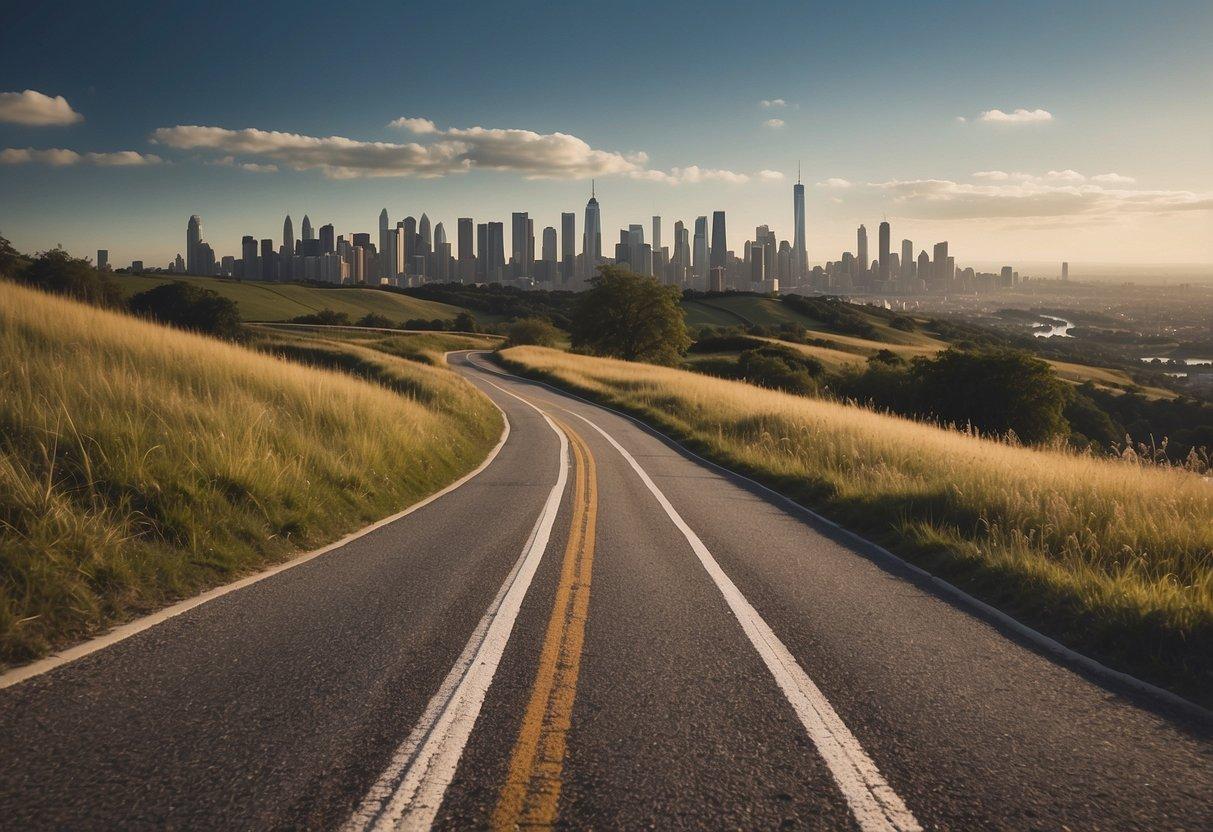 A fork in the road, one path leading to a bustling city skyline and the other to a serene natural landscape