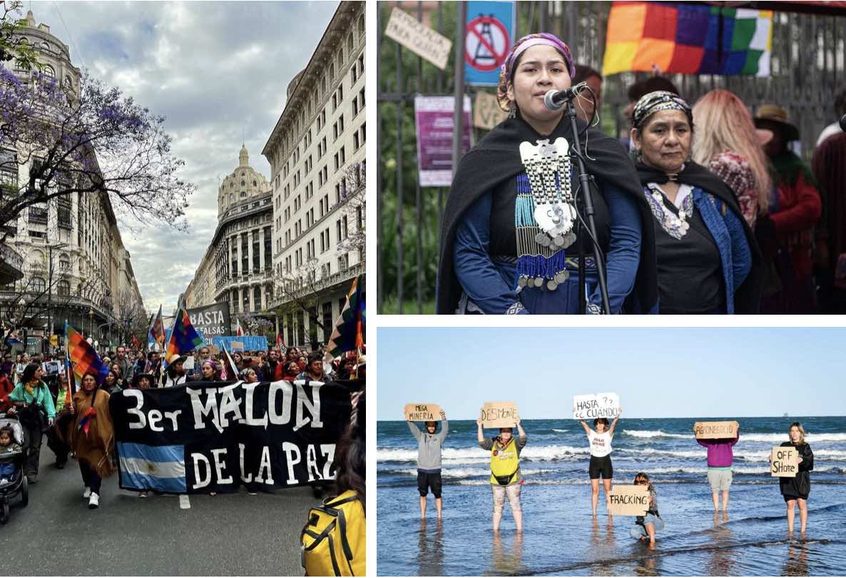 Indegenous activists march the streets and speak at podiums. A dozen rebels hold anti-fracking signs on a beach facing the Argentine Sea.