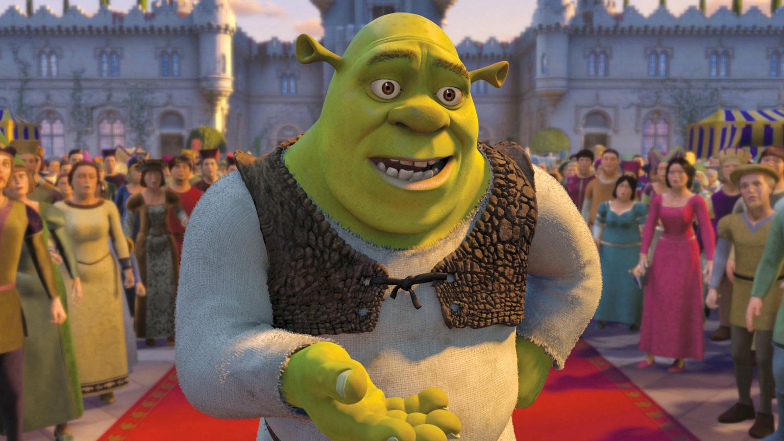 Shrek presentándose con los padres de Fiona cuando llegó a su castillo junto a ella y Burro