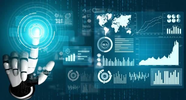 Futuristic robot artificial intelligence concept. 3D Rendering futuristic robot technology development, artificial intelligence AI, and machine learning concept. Global robotic bionic science research for future of human life. roboforex stock pictures, royalty-free photos & images