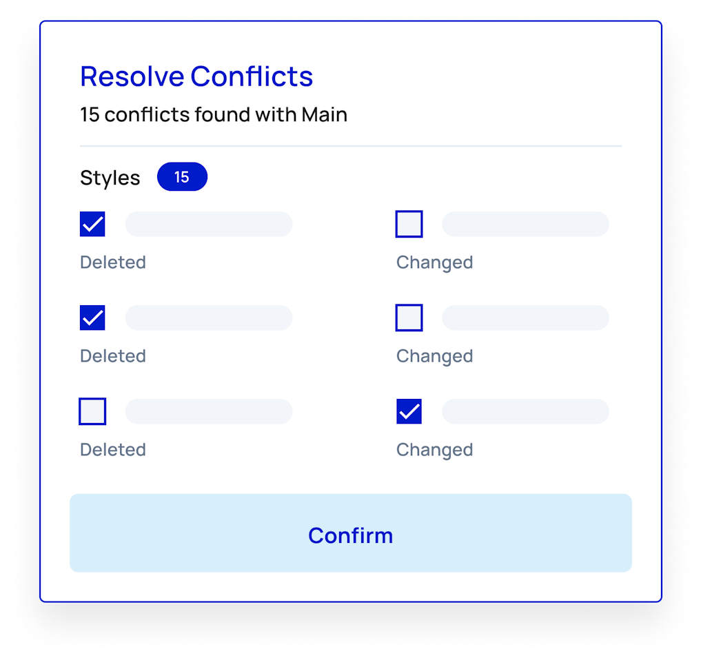 A window titled "Resolve Conflicts" with the sub-header "15 conflicts found with Main." 