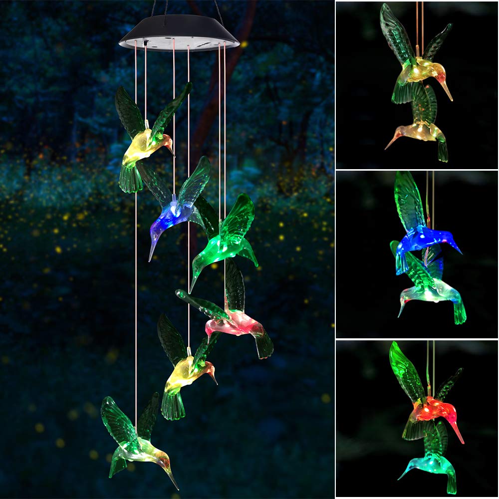 SIX FOXES Solar Light Hummingbird Wind Chimes Outdoor