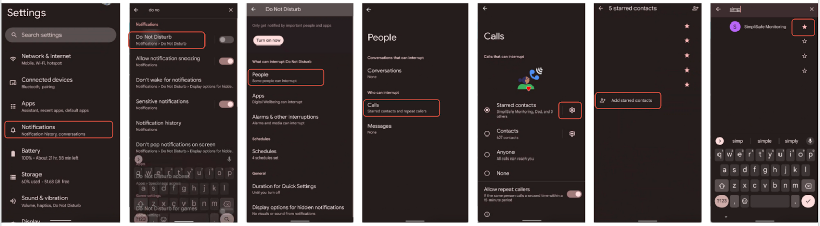How to allow monitoring center's call through Do Not Disturb on Android, highlighting steps 2-7