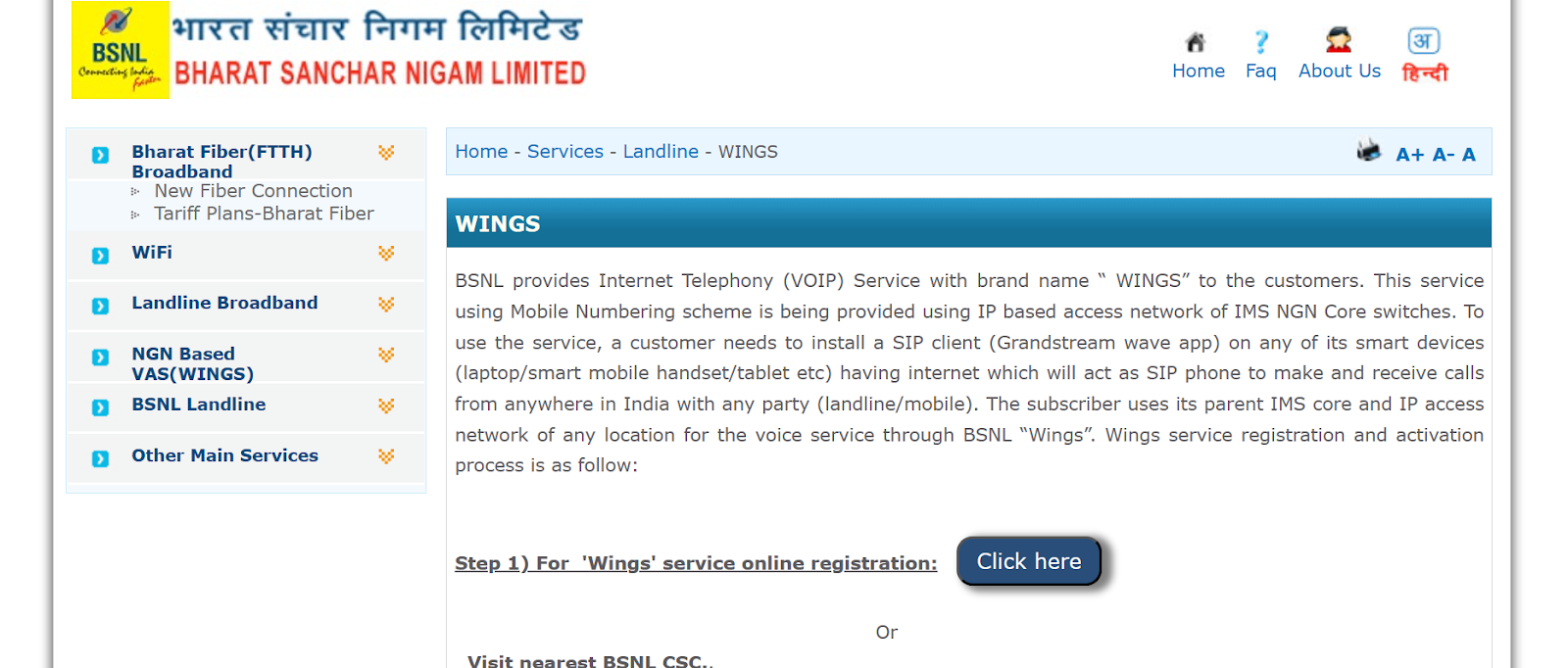 BSNL Wings website snapshot highlighting the services it provides.