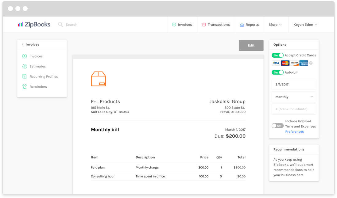 An example of ZIpbooks invoice template
