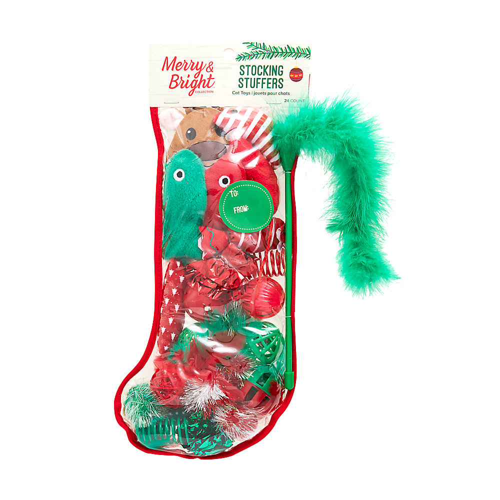 Merry and bright stocking stuffers, a cute clear stocking with 24 cat toys, the perfect holiday cat gift.