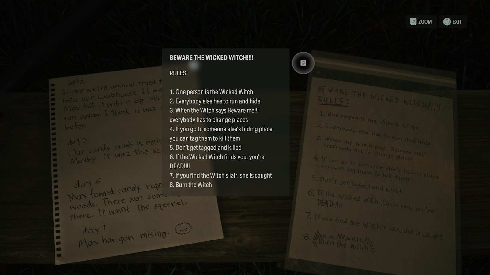An in game screenshot of the children's notes in the rental cabins area in Cauldron Lake from Alan Wake 2