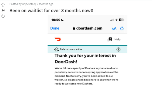 A post from someone on Reddit about being on the DoorDash waitlist for over 3 months with a screenshot of the waitlist screen. 