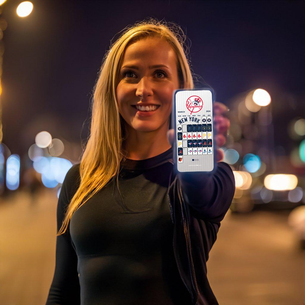 A person holding a phone with the Yankees Wallpaper Schedule one it. 
