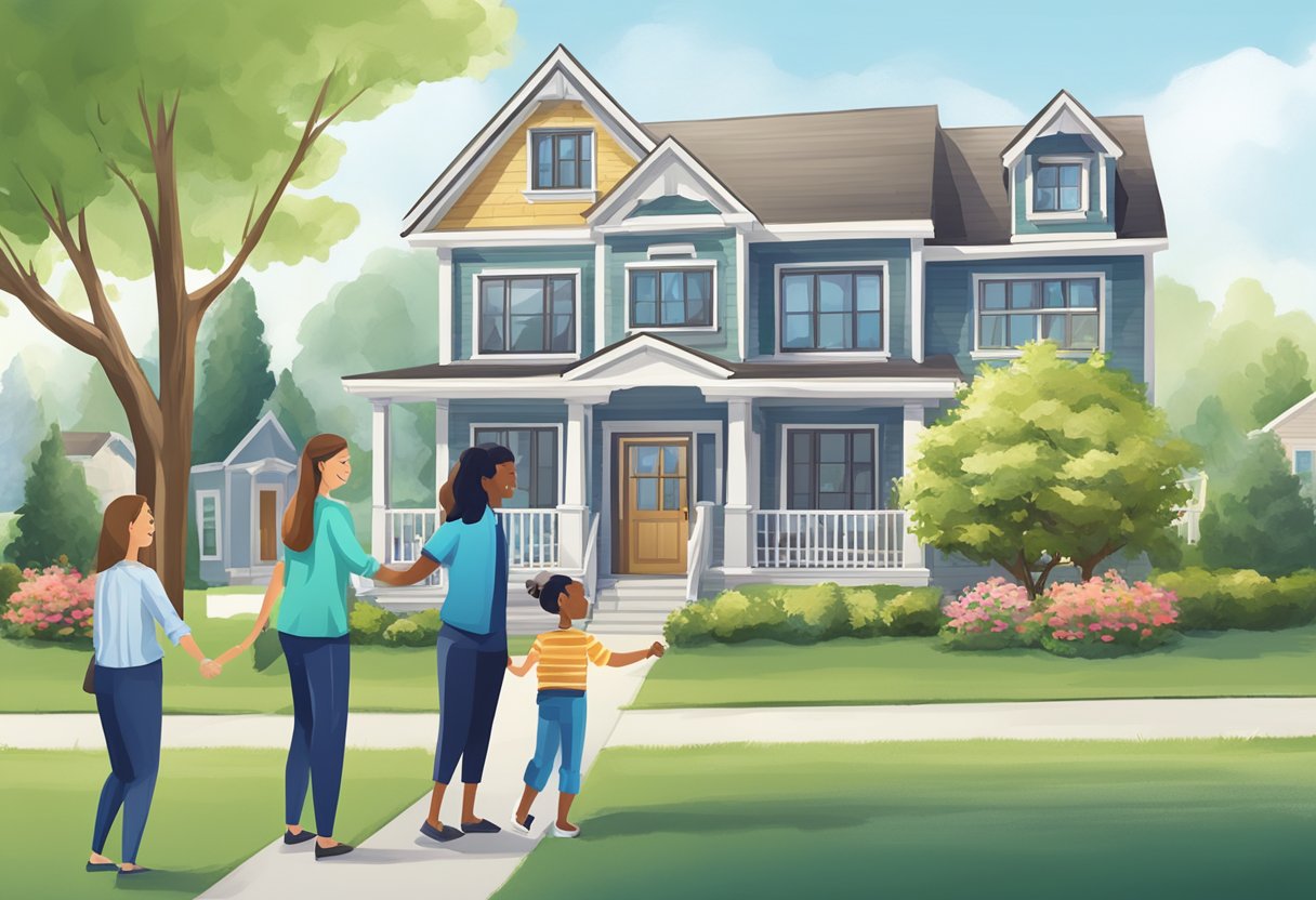 A house with a "sold" sign in the front yard, surrounded by happy homeowners shaking hands with Harmony Home Buyers representatives