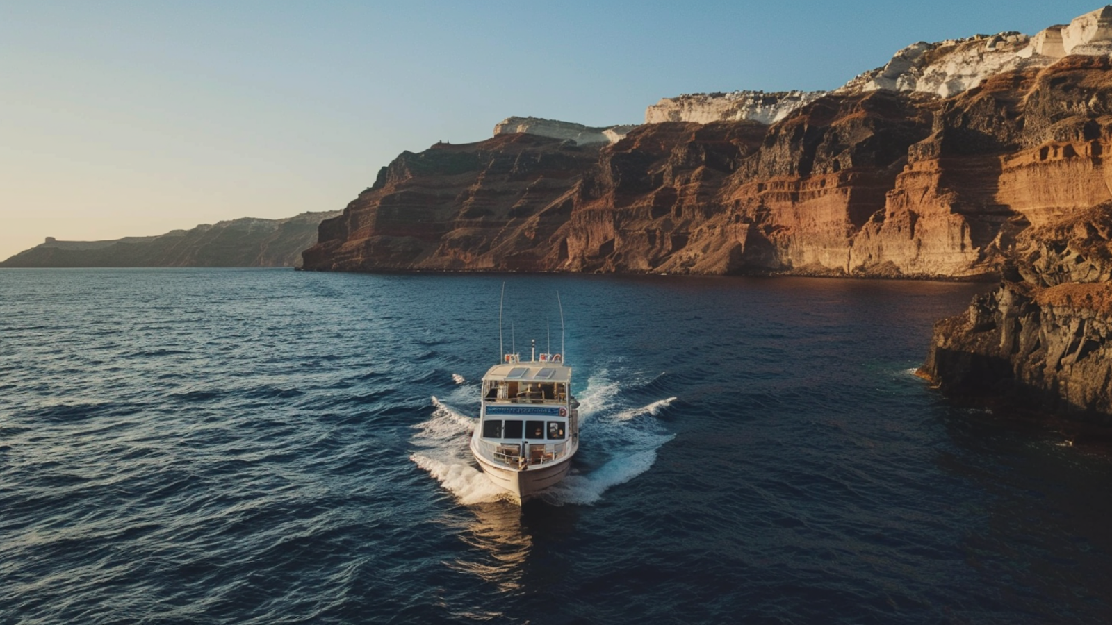 A luxury boat cruising along the waters in Santorini