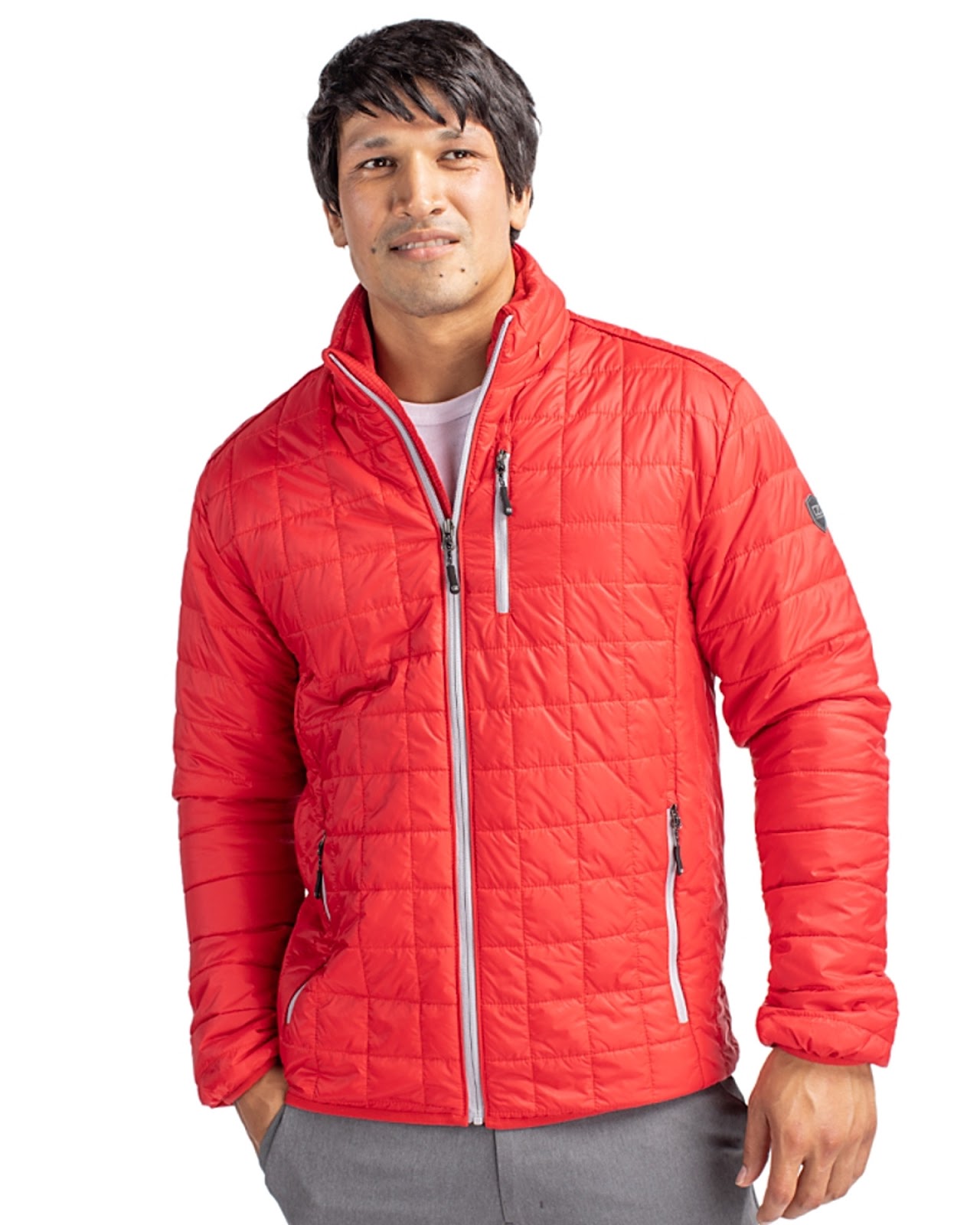 Man wearing Cutter & Buck Rainier PrimaLoft® Mens Eco Insulated Full Zip Puffer Jacket in Red