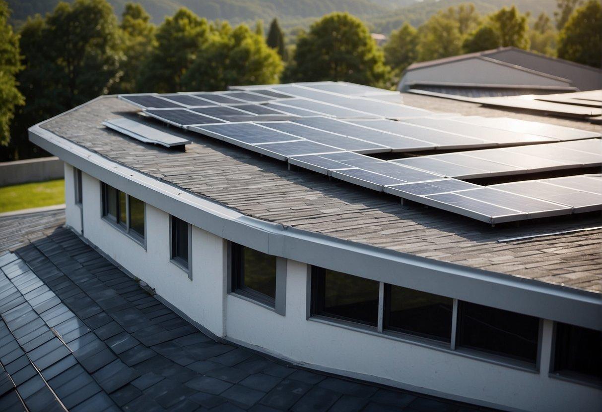 A modern, high-tech roofing system with solar panels and advanced materials, surrounded by a clean and well-maintained environment