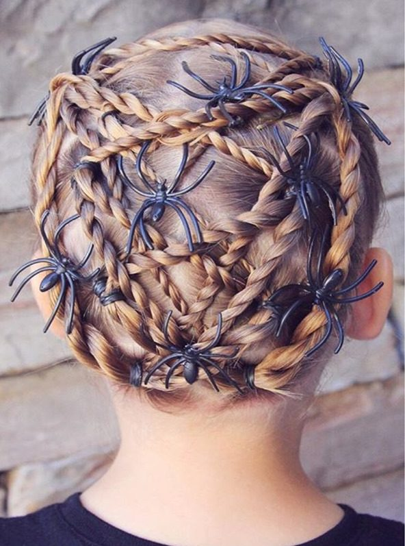 Back view of a girl rocking spider web hair design for Crazy hair day