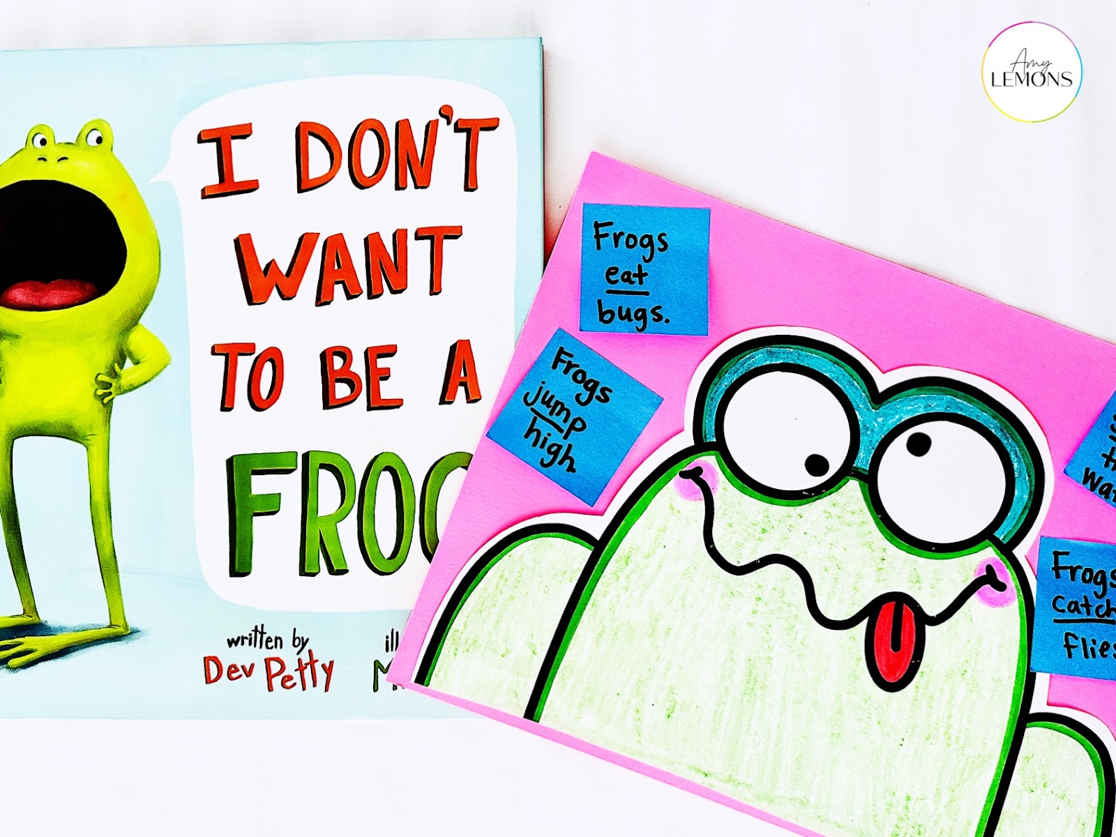 The book I Don't Want to be a Frog with a Frog directed drawing and a grammar activity.