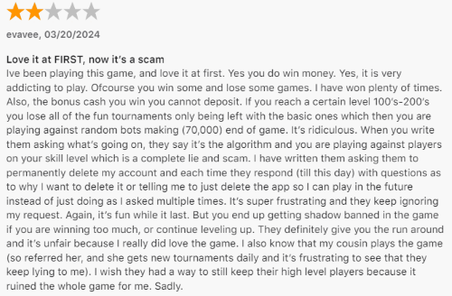 A 2-star Apple App Store review from a Bubble Cash user who liked the game at first but believes that after they reached a certain level, they were just playing against bots rather than other players. 