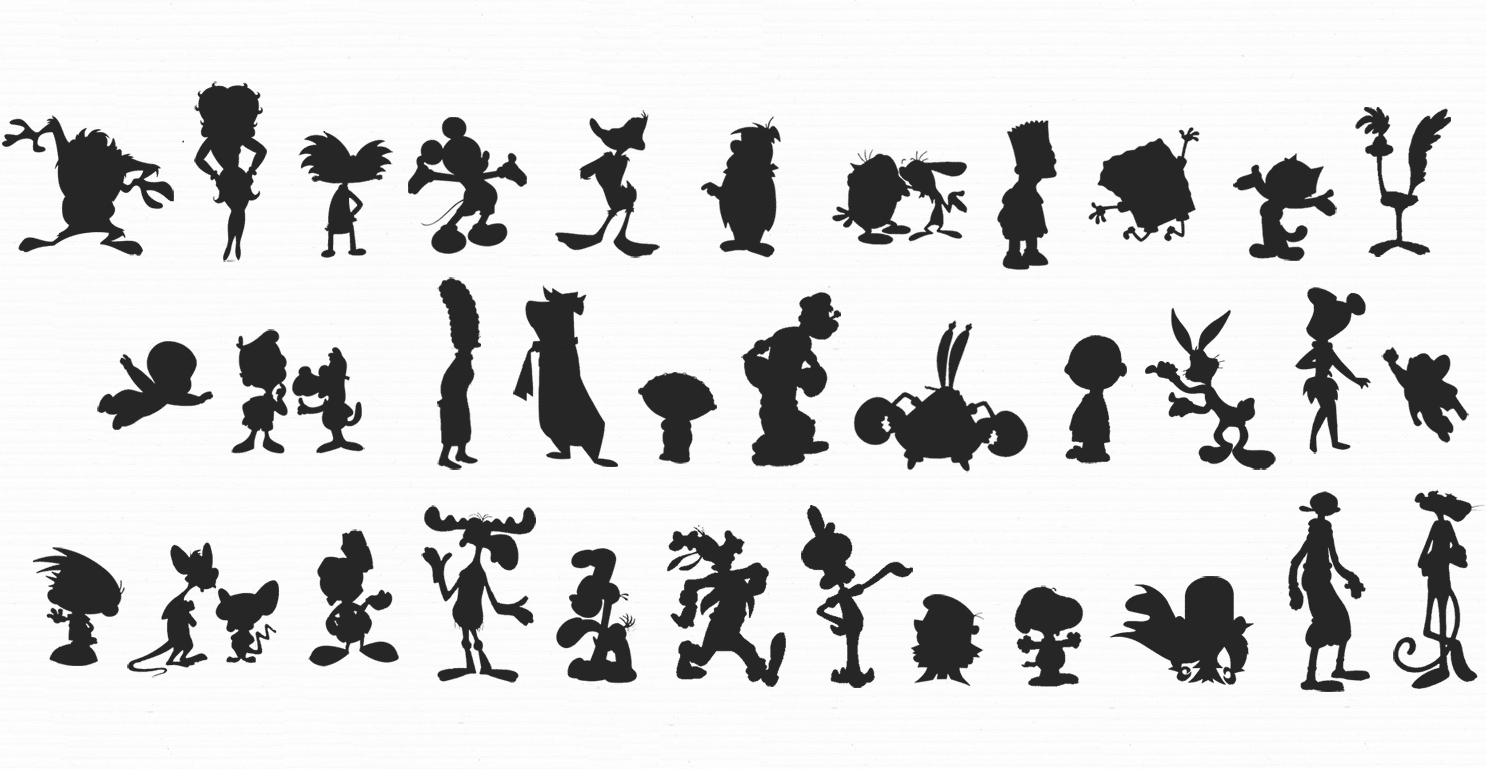 different silhouettes of famous cartoon characters