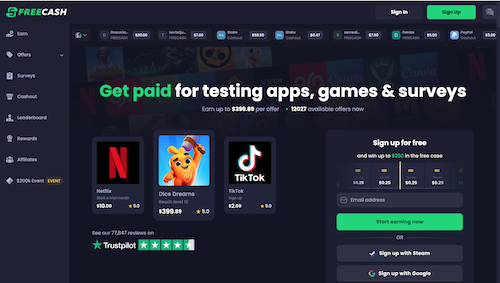 The sign-up page of the Freecash website offering to pay users for testing apps, playing games, and taking surveys. 