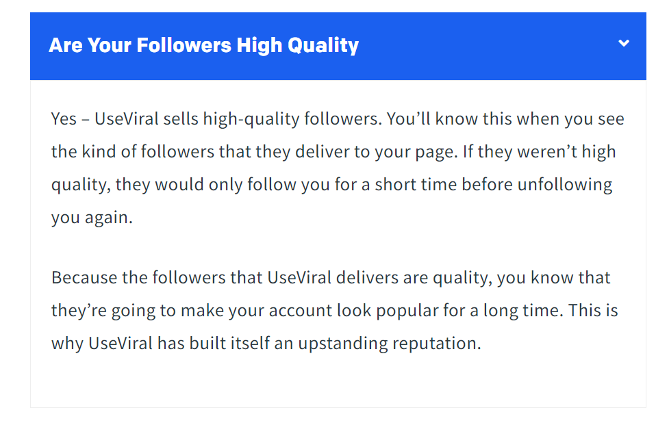 A statement from a service provider, UseViral, claiming they sell high-quality followers.