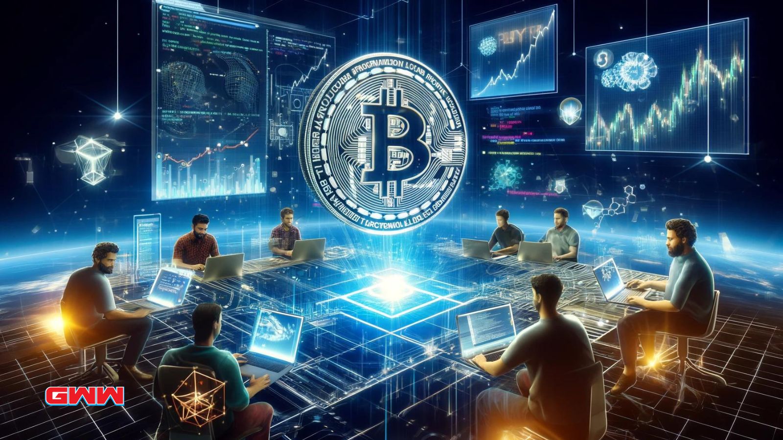 Una escena futurista que muestra a los desarrolladores de Bitcoin enfatizando la programabilidad como el catalizador para el próximo rally