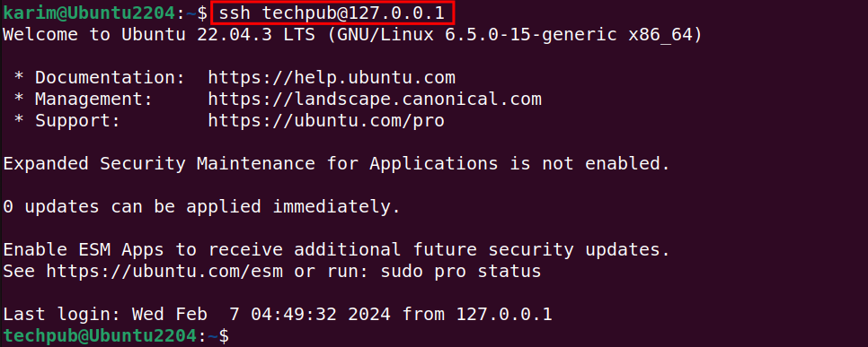 ssh techpub@127.0.0.1