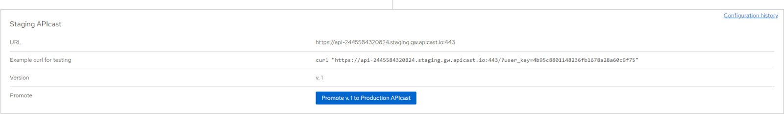Staging APIcast details including a URL and an example curl command.